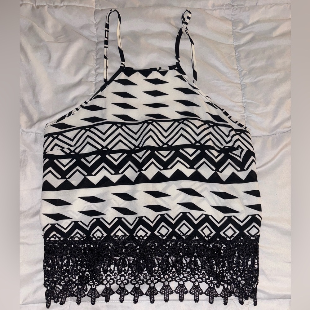 Woman’s Black & White Patterned Lace Tank Top